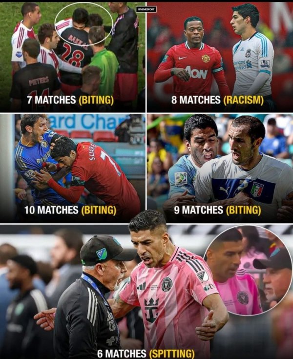 Alternative record! Suarez has been suspended for 68 games in his career, more than 54 games due to illness and injury